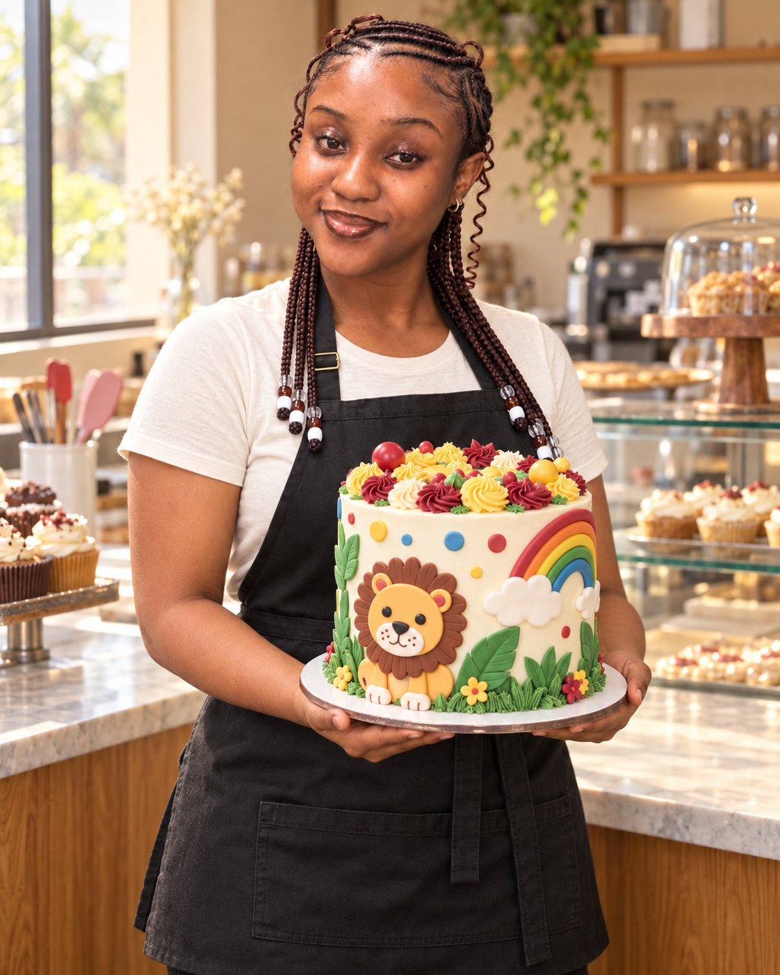 The Crave Hut baker holding a finished celebration cake