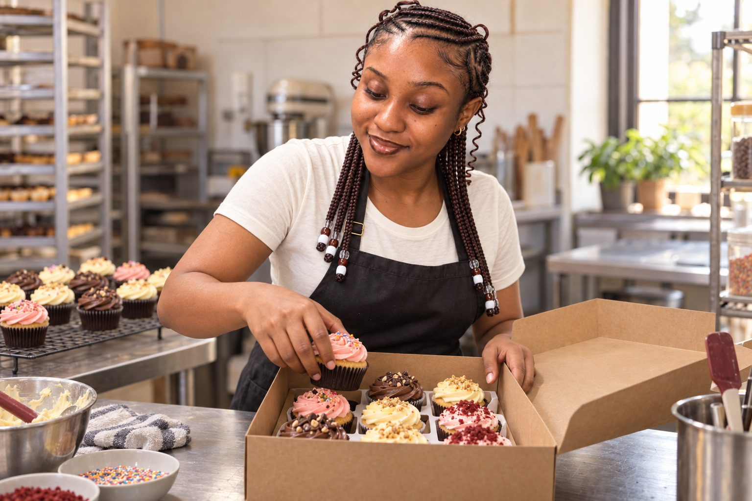 The Crave Hut baker packing colourful cupcakes for a family order