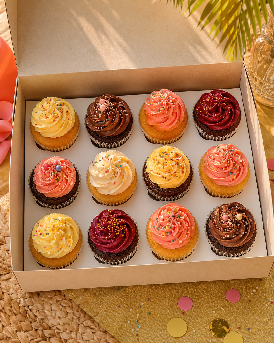 A box of decorated Crave Hut cupcakes